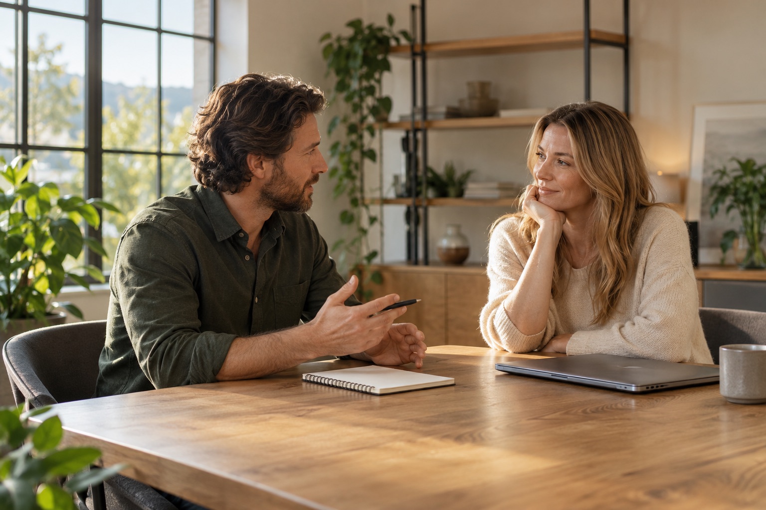 Two small-business owners discussing a plan around a table in a bright office.