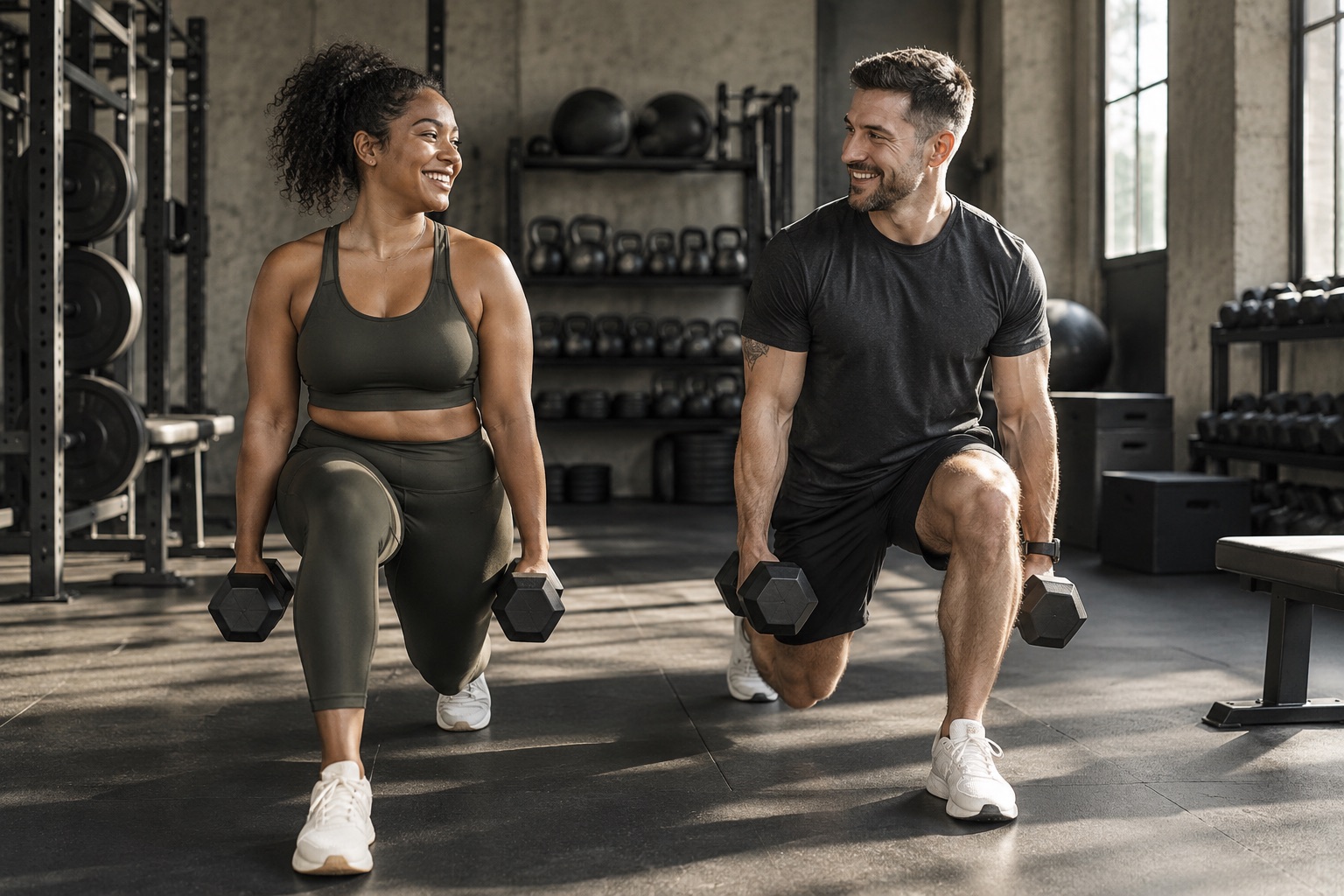 Adults practising controlled strength exercises in an industrial-style studio.