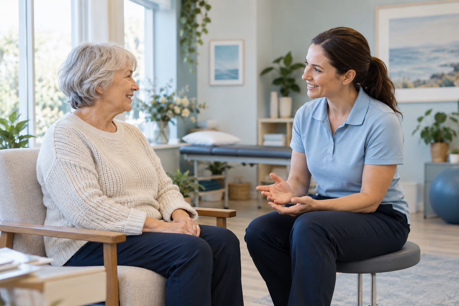 A practitioner and fully clothed older adult speaking in a welcoming clinic.