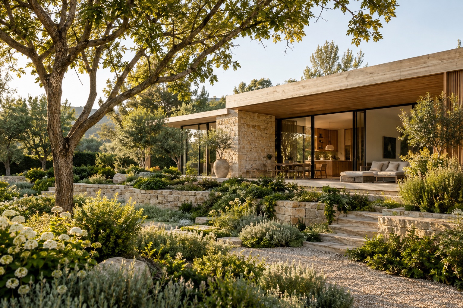A contemporary stone and timber home in a sunlit garden.