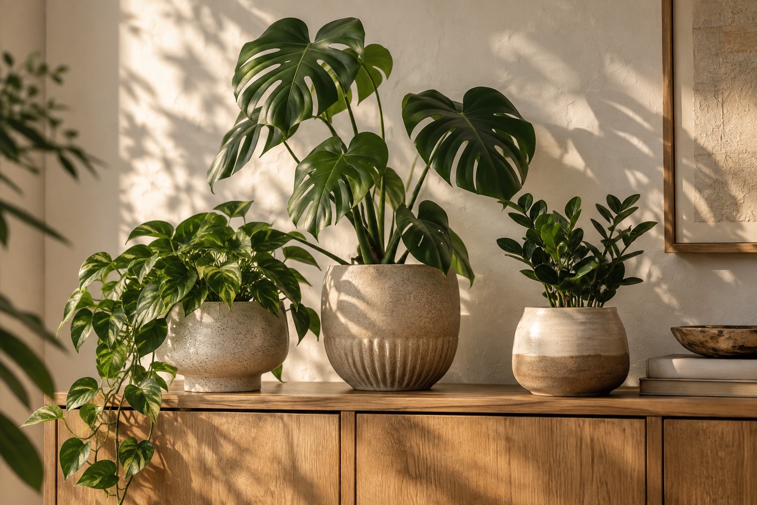 Artisan ceramic planters with lush indoor foliage on a sunlit oak console.