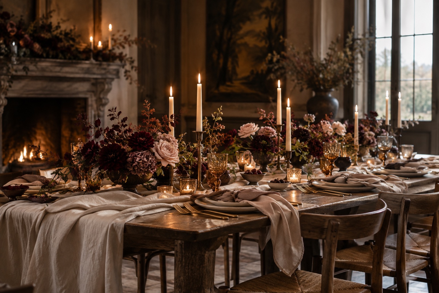 An intimate event table with burgundy flowers, candles and soft linen.