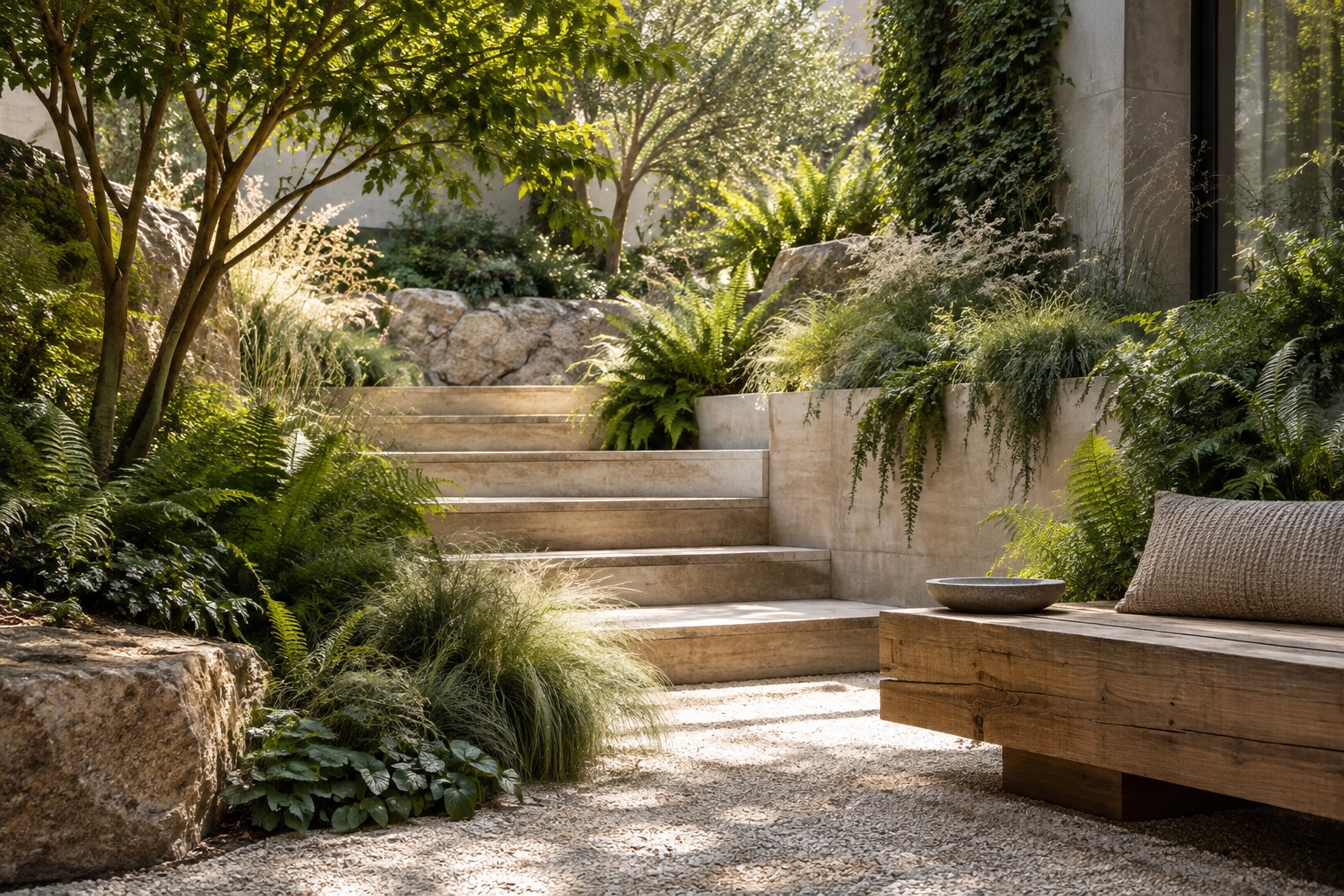 Lush courtyard with limestone steps, layered planting and timber seating.