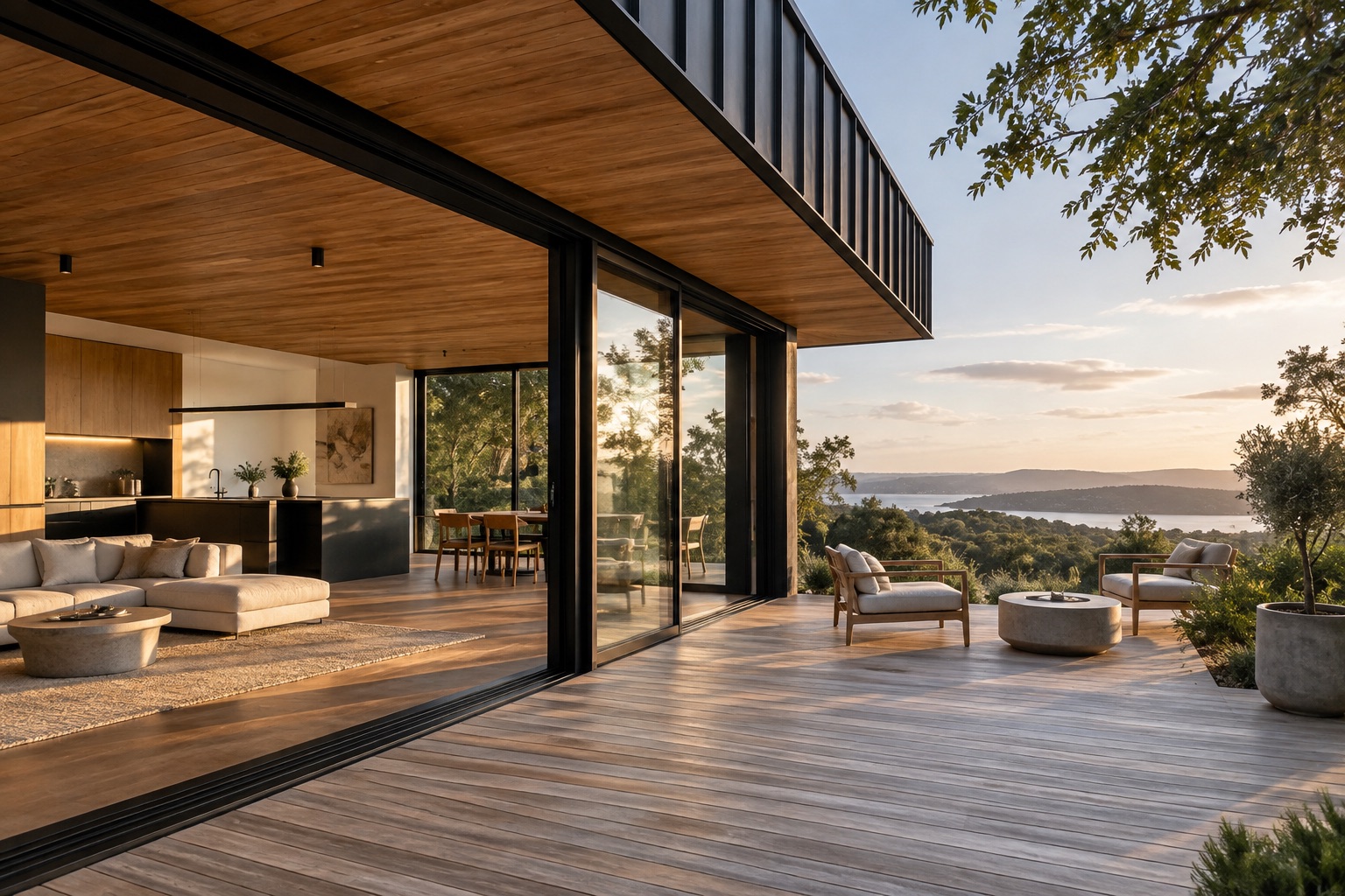 Contemporary timber renovation opening onto a landscaped outdoor deck.