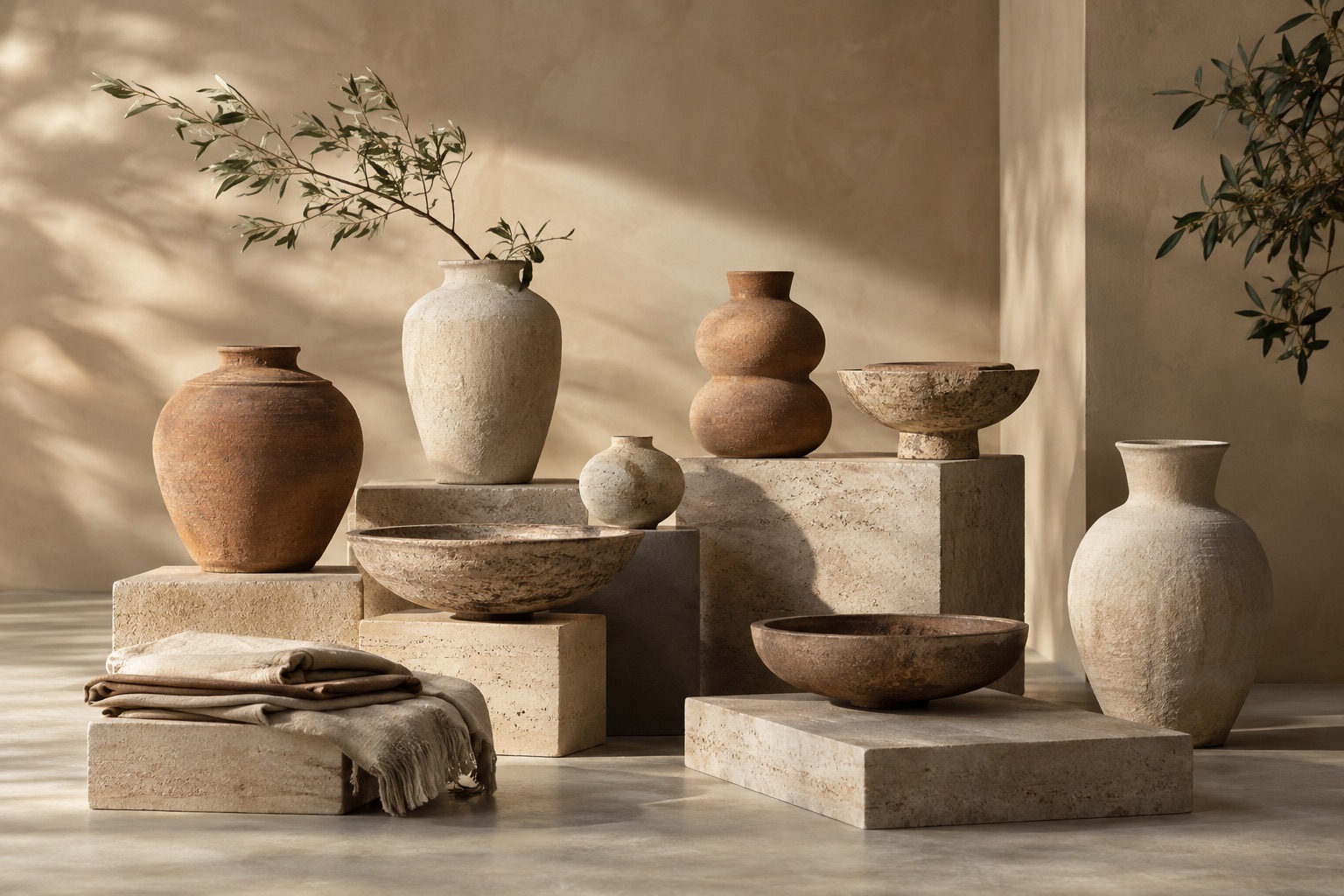 Ceramic vessels, stoneware bowls and linen on pale stone plinths.