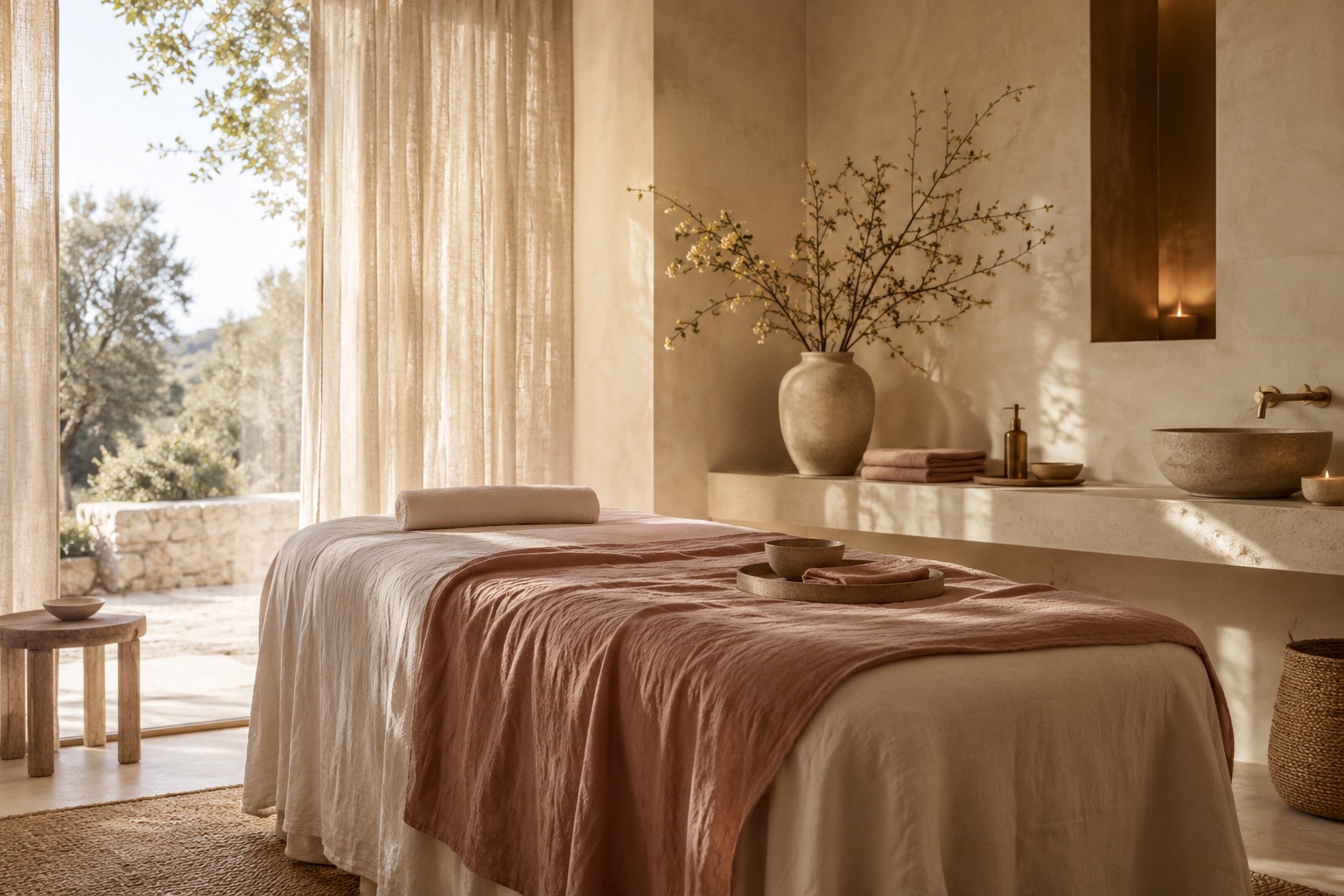 Softly lit spa interior with ivory plaster, linen and dusty rose textiles.