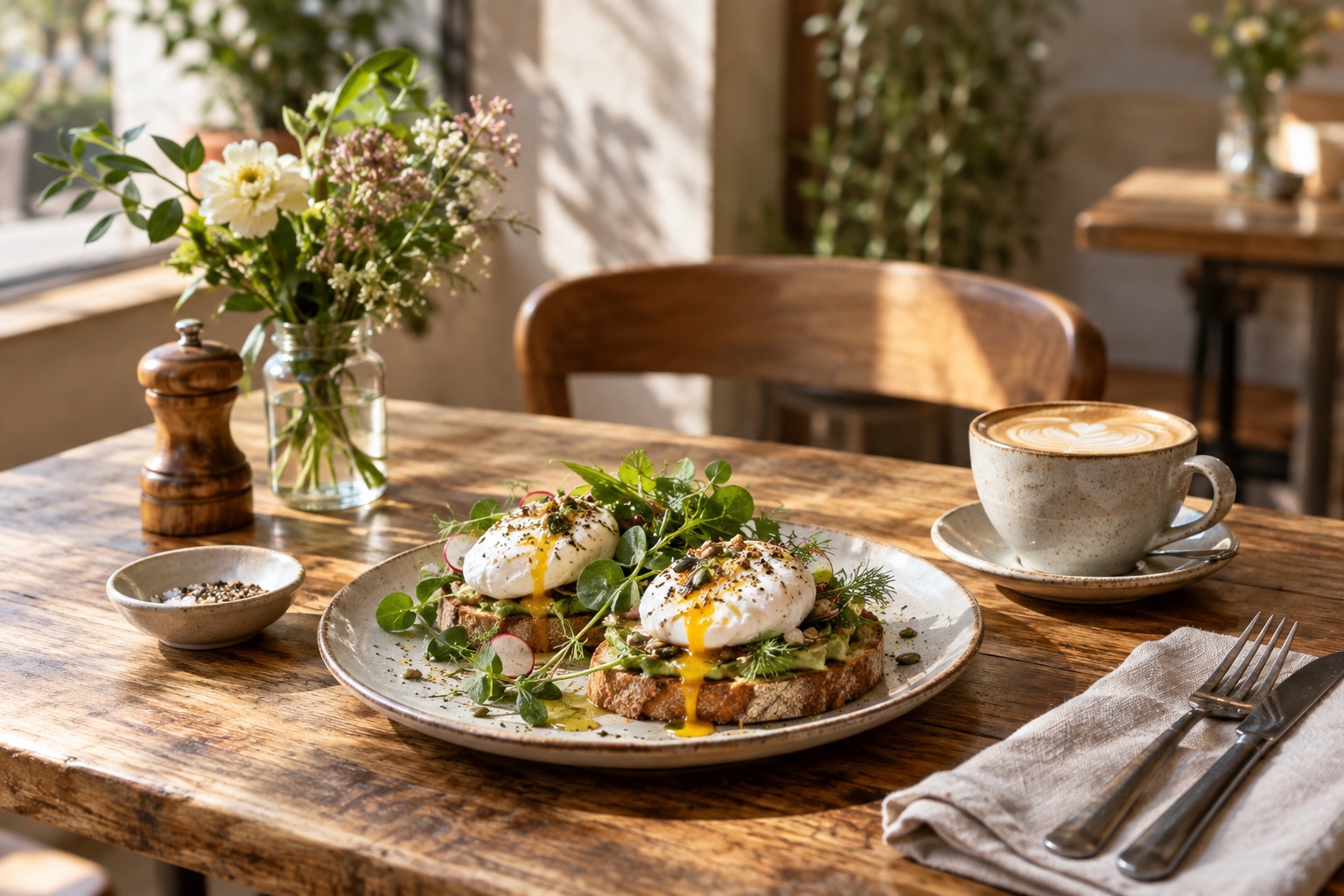 Artisan brunch and a flat white on a sunlit timber café table.